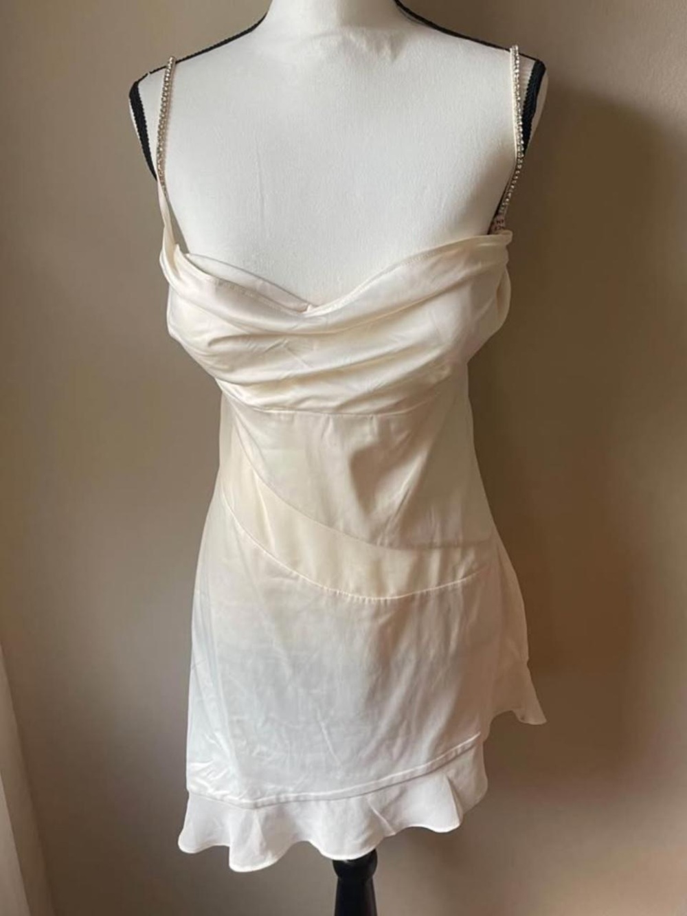 Oh Polly Ivory Cowl Slip Dress with Rhinestone Straps